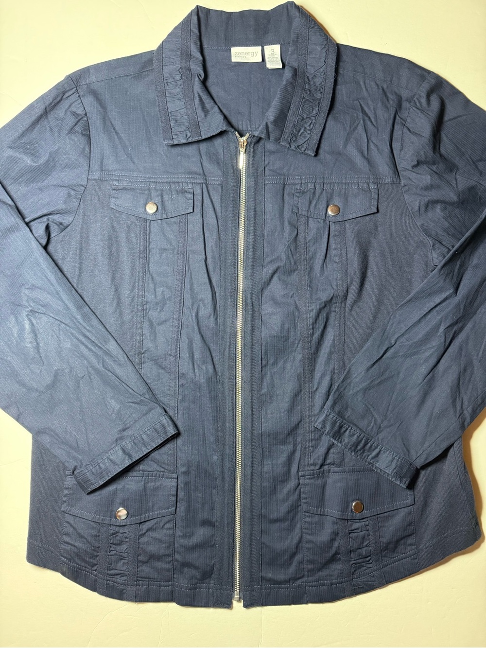 Chico’s Zenergy Size 3 Navy Mixed Media Utility Jacket Full Zip